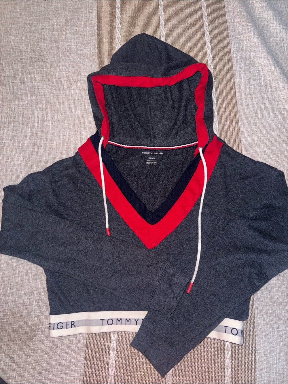 Tommy Hilfiger Men's Charcoal V-Neck Hoodie with Red and Navy Trim
